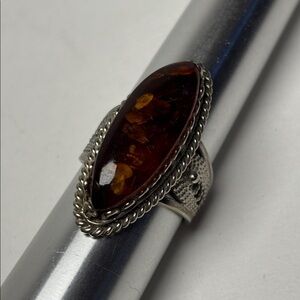Baltic Amber Silver Tone Long Oval Ring with Detailed Intricate Setting